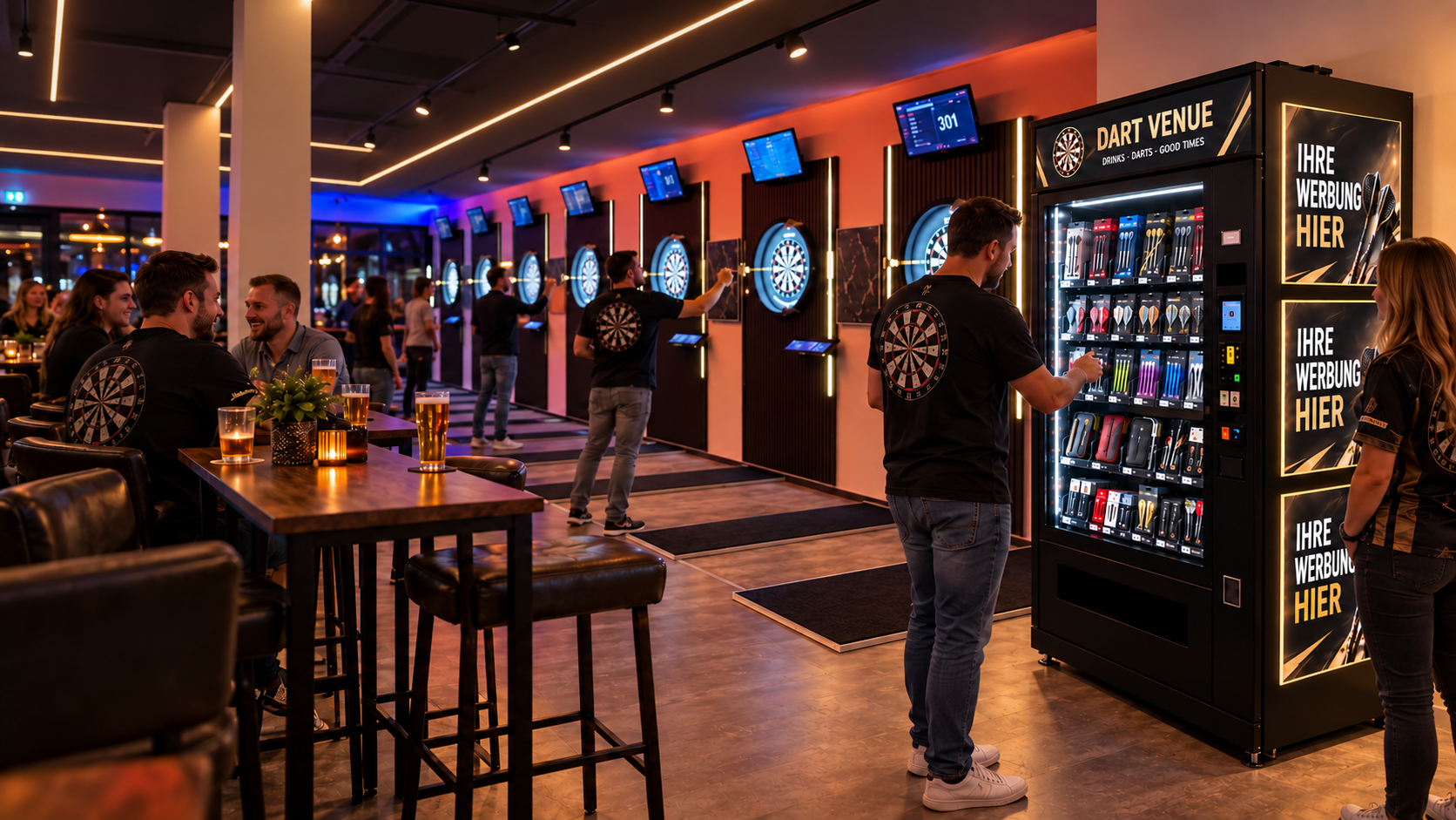 Verkaufsautomat mit Werbeflächen im Pub-Ambiente